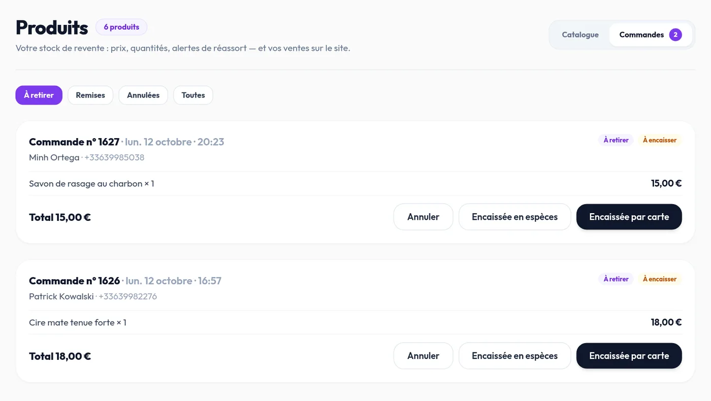 Les commandes du site dans CYB, à remettre et encaisser au salon